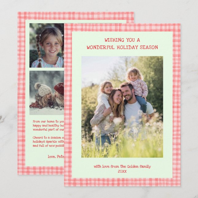 Chic Gingham Christmas Pink Green Custom 5 Photo  Holiday Card (Front/Back)