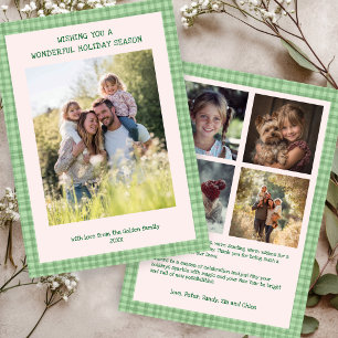 Chic Gingham Christmas Pink Green Custom 5 Photo Holiday Card