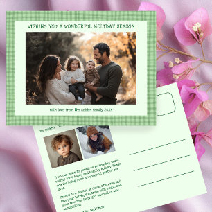 Chic Gingham Green Christmas Custom 3 Photo Holiday Postcard