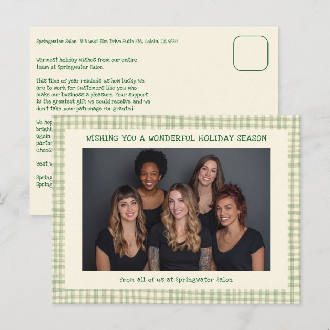 Chic Gingham Green Christmas Custom Business  Holiday Postcard (Front/Back)