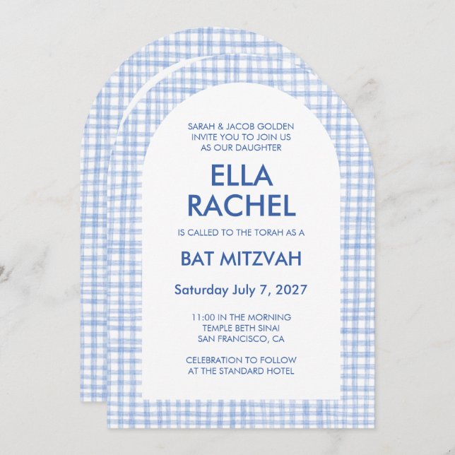 Chic Gingham Modern Custom QR Bat Bar Mitzvah Arch Invitation (Front/Back)