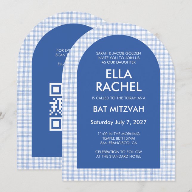 Chic Gingham Modern Custom QR Bat Bar Mitzvah Arch Invitation (Front/Back)