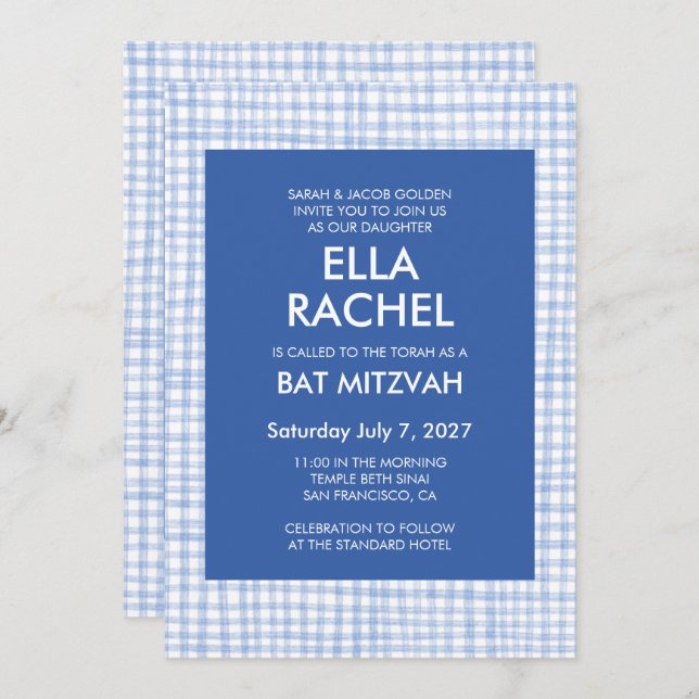 Chic Gingham Modern Custom QR CODE Bat Bar Mitzvah Invitation (Front/Back)