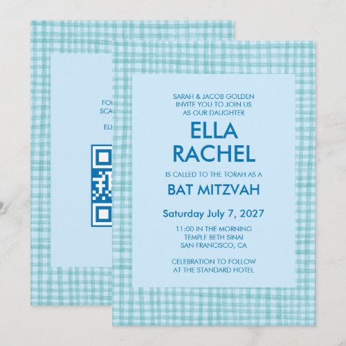 Chic Gingham Modern Custom QR CODE Bat Bar Mitzvah