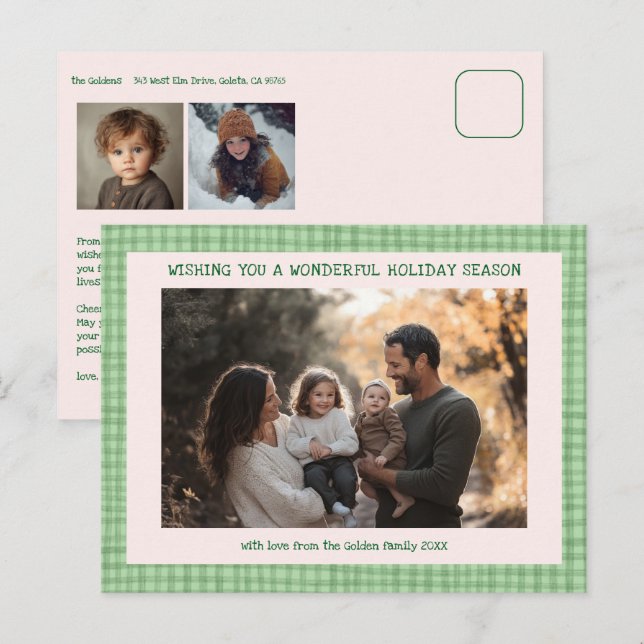 Chic Gingham Pink Green Christmas Custom 3 Photo  Holiday Postcard (Front/Back)
