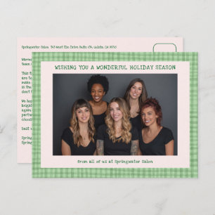 Chic Gingham Pink Green Christmas Custom Business Holiday Postcard