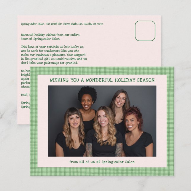 Chic Gingham Pink Green Christmas Custom Business  Holiday Postcard (Front/Back)