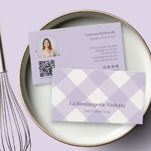 Chic Gingham Purple Bakery QR Photo  Business Card