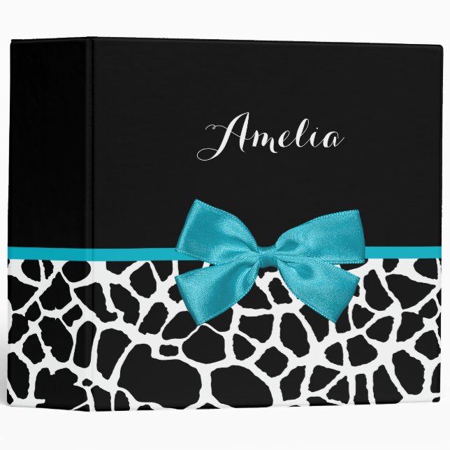 Chic Giraffe Print Aqua Blue Ribbon Bow With Name Binder (Front/Spine)