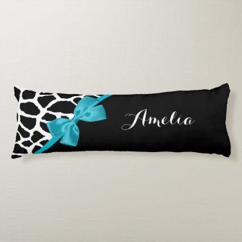 Chic Giraffe Print Aqua Blue Ribbon Bow With Name Body Pillow by ohsogirly at Zazzle