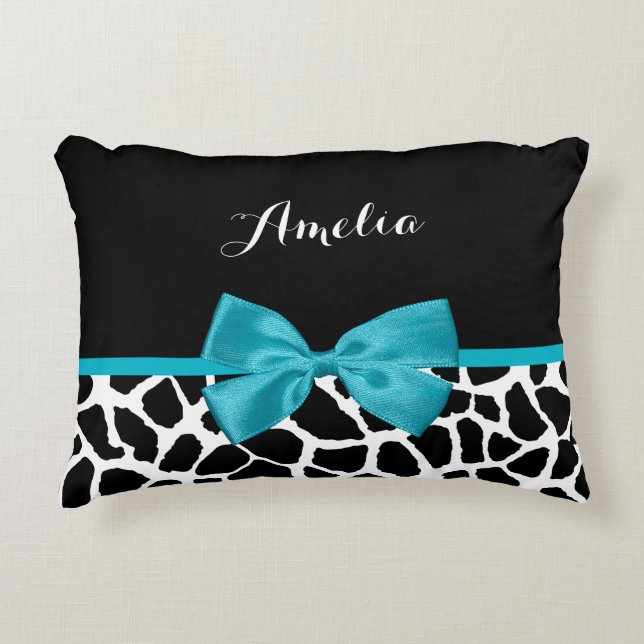 Chic Giraffe Print Aqua Blue Ribbon Bow With Name Decorative Pillow (Front)