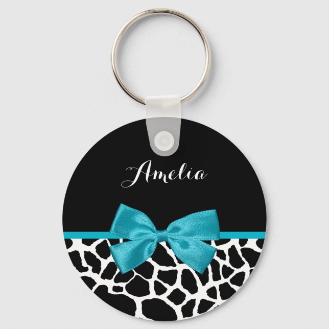Chic Giraffe Print Aqua Blue Ribbon Bow With Name Keychain (Front)