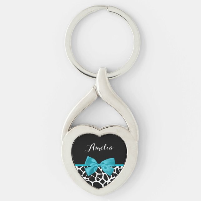 Chic Giraffe Print Aqua Blue Ribbon Bow With Name Keychain (Front)