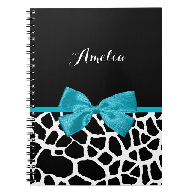 Chic Giraffe Print Aqua Blue Ribbon Bow With Name Notebook (Front)
