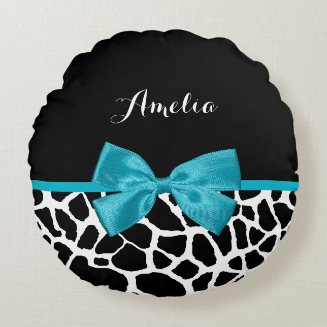 Chic Giraffe Print Aqua Blue Ribbon Bow With Name Round Pillow (Front)