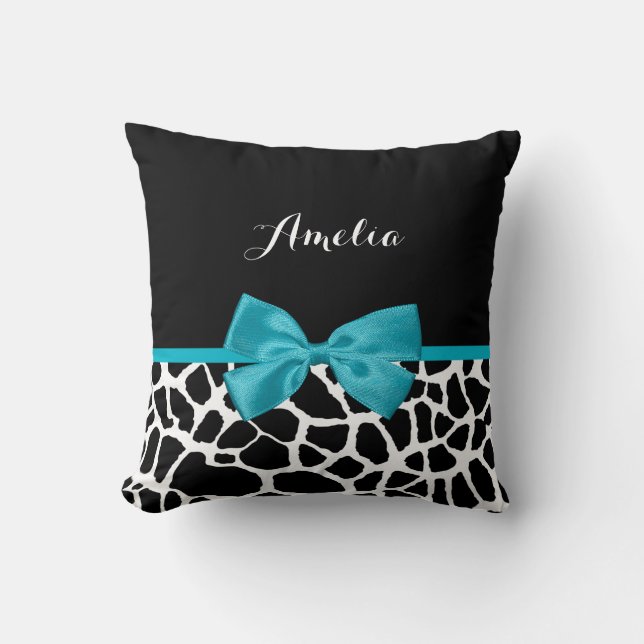 Chic Giraffe Print Aqua Blue Ribbon Bow With Name Throw Pillow (Front)