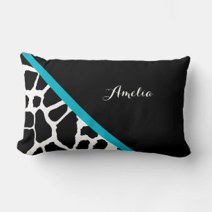 Chic Giraffe Print Aqua Blue Stripe With Name Lumbar Pillow