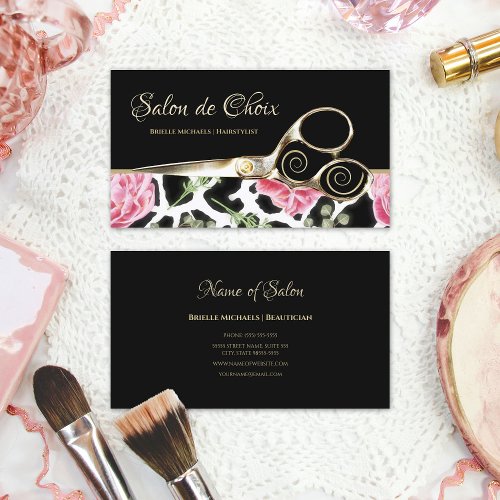 Chic Giraffe Print Pink Floral Gold Scissors Salon Business Card