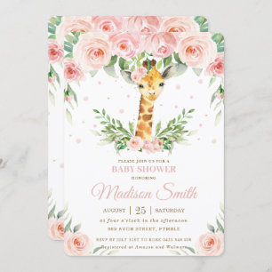 Chic Giraffe Safari Pink Blush Floral Baby Shower Invitation