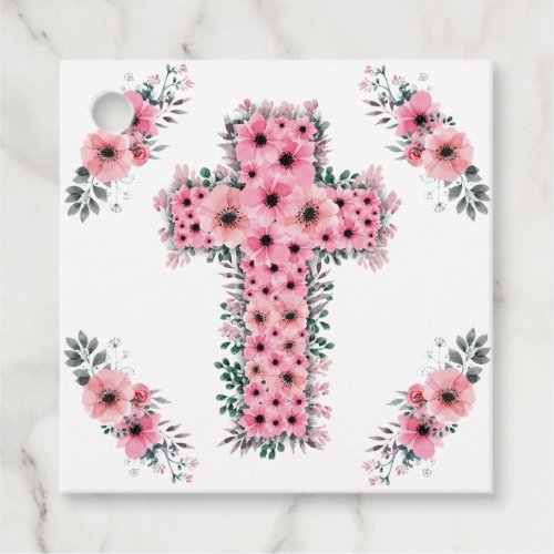 Chic Girl First Holy Communion Pink Flower Cross Favor Tags