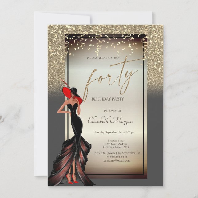 Chic Girl Glitter Confetti 40th Birthday Party Invitation (Front)