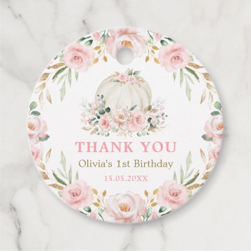 Chic Girl Pumpkin Birthday Blush Pink Gold Flowers Favor Tags