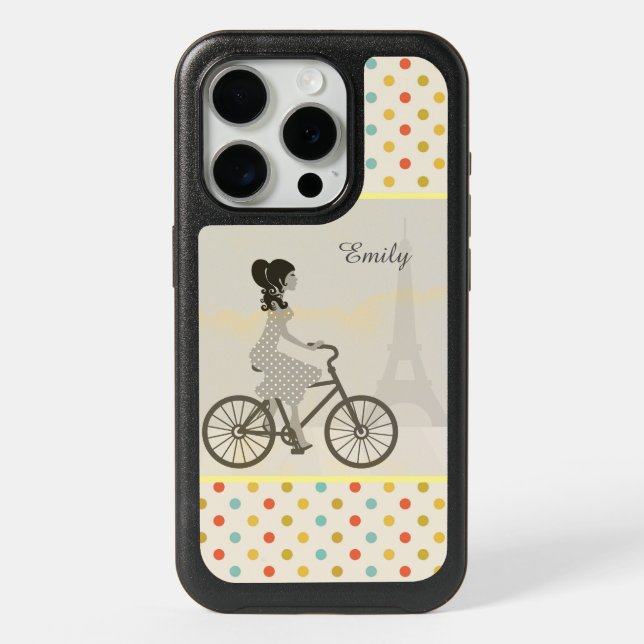 Chic Girl Riding Bike in Paris iPhone 15 Pro Case (Back)