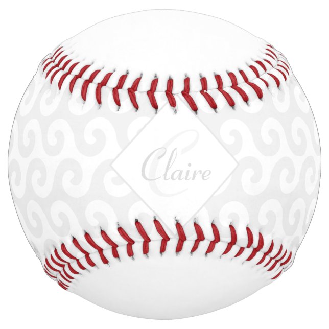 Chic Girl’s Monogram, Silver & White Waves Pattern Softball (Front)