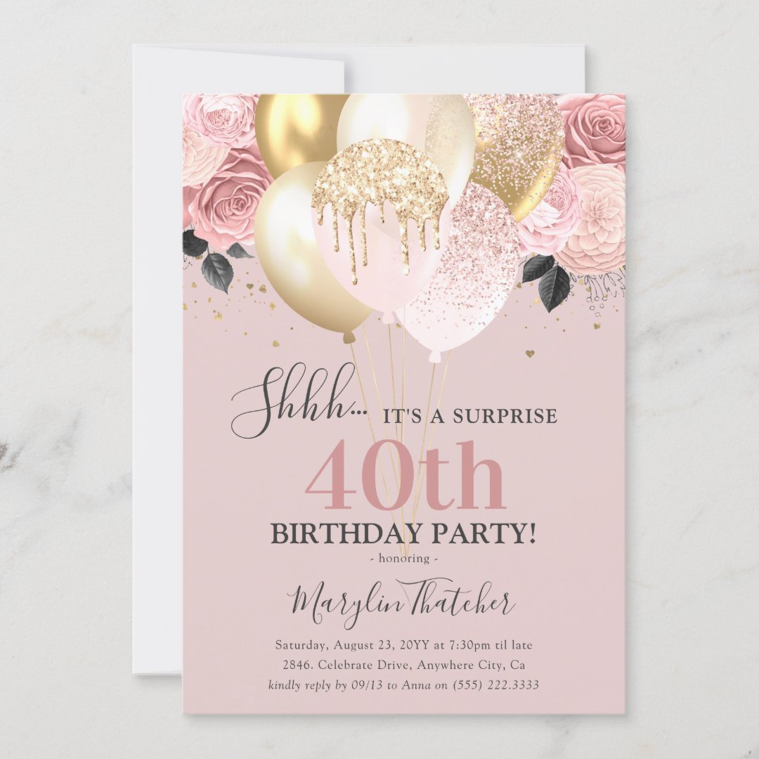 Chic Girly 40th Surprise Birthday Party Invitation | Zazzle