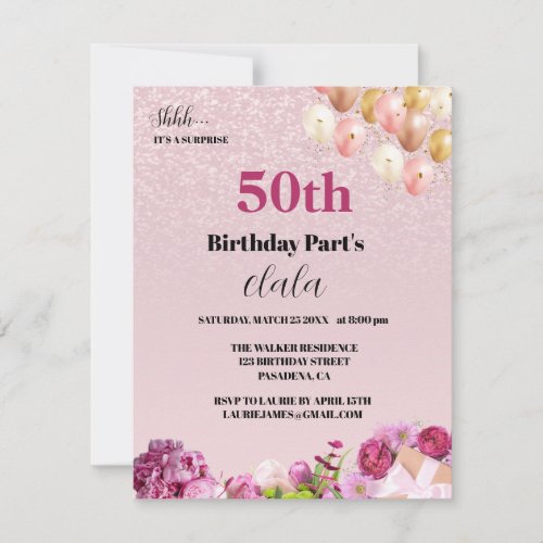 Chic Girly 50th Surprise Birthday Party Invitation
