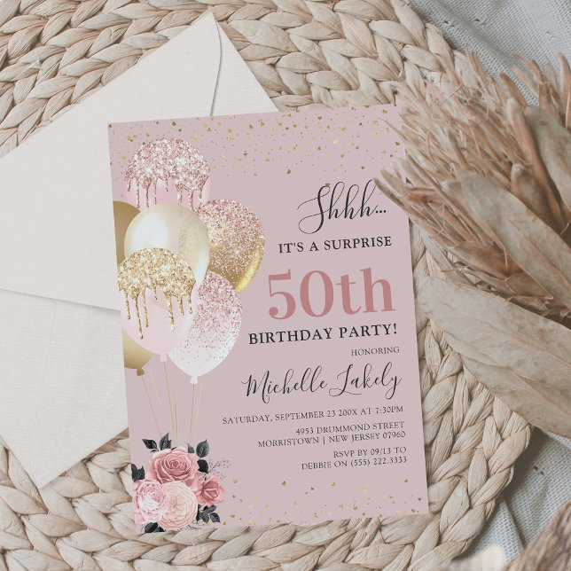 Chic Girly 50th Surprise Birthday Party Invitation (Creator Uploaded)
