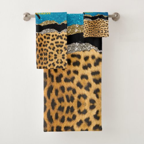 Chic girly animal print turquoise glitter monogram bath towel set