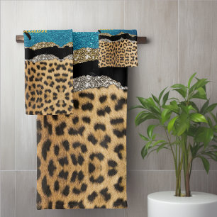 Chic girly animal print turquoise glitter monogram bath towel set