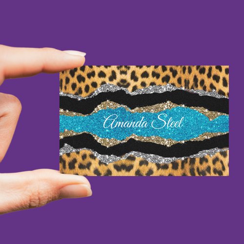 Chic girly animal print turquoise glitter monogram business card