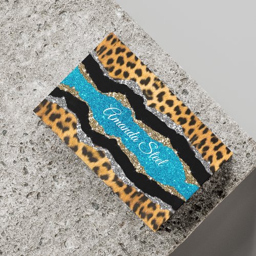 Chic girly animal print turquoise glitter monogram business card magnet