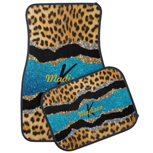 Chic girly animal print turquoise glitter monogram car floor mat