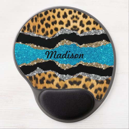 Chic girly animal print turquoise glitter monogram gel mouse pad