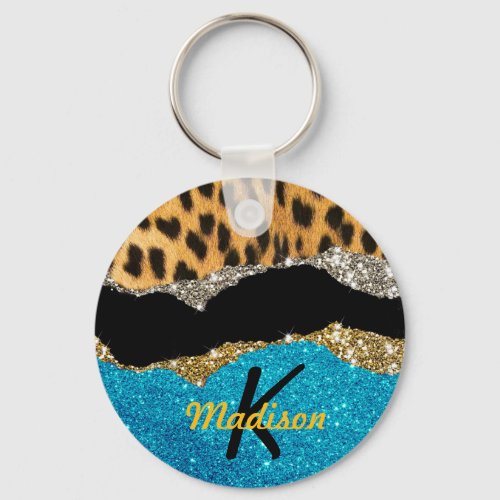 Chic girly animal print turquoise glitter monogram keychain