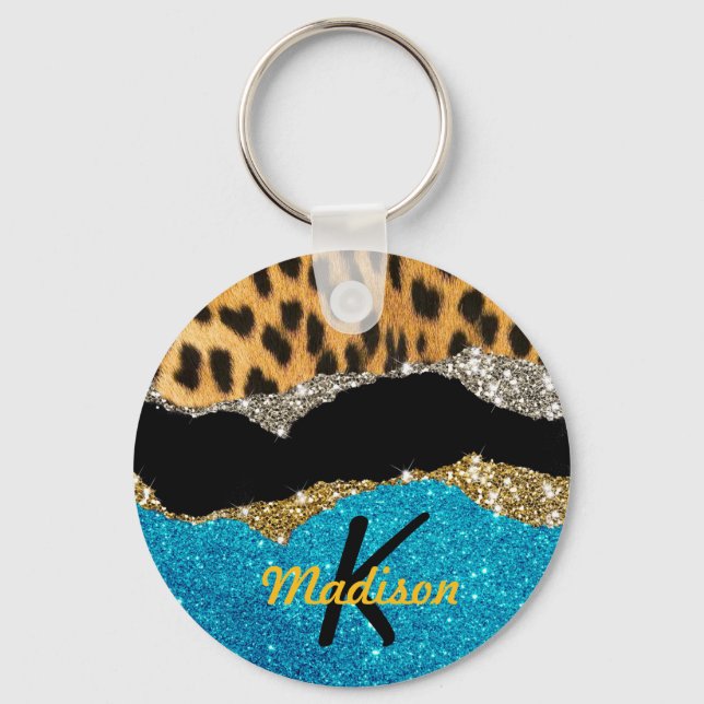 Chic girly animal print turquoise glitter monogram keychain (Front)