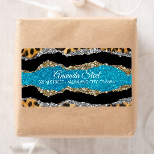 Chic girly animal print turquoise glitter monogram label