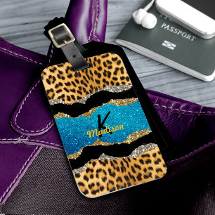 Chic girly animal print turquoise glitter monogram luggage tag