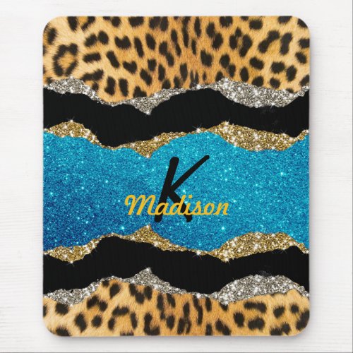 Chic girly animal print turquoise glitter monogram mouse pad