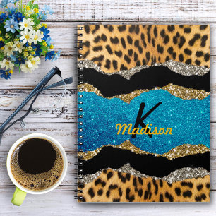 Chic girly animal print turquoise glitter monogram notebook