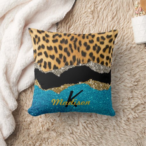 Chic girly animal print turquoise glitter monogram throw pillow