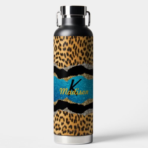 Chic girly animal print turquoise glitter monogram water bottle