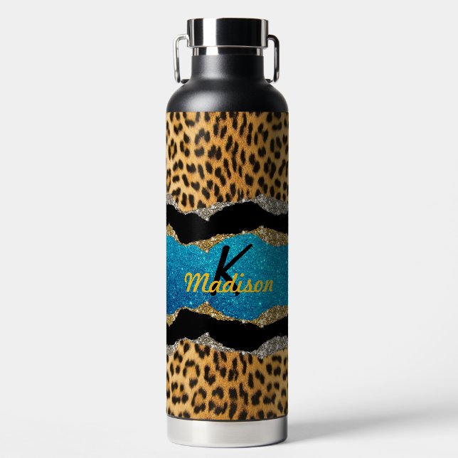 Chic girly animal print turquoise glitter monogram water bottle (Front)