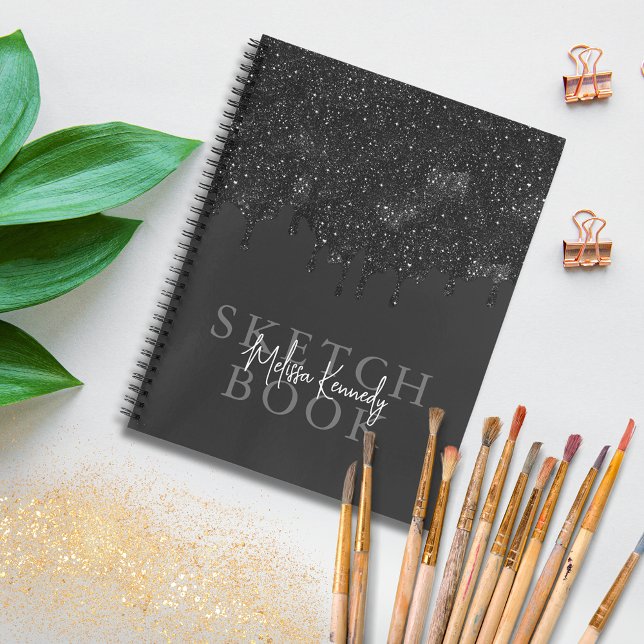 Chic Girly Black Glitter Drips Monogram Sketchbook Notebook (Creator Uploaded)