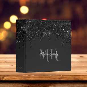 Chic Girly Black Glitter Drips Monogram With Name 3 Ring Binder