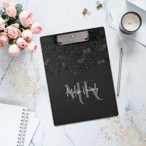 Chic Girly Black Glitter Drips Monogram With Name  Clipboard