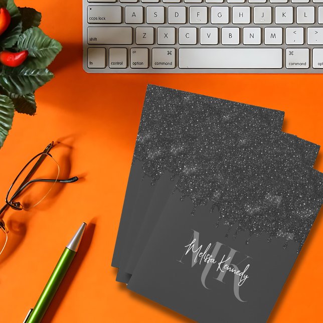 Chic Girly Black Glitter Drips Monogram With Name  Pocket Folder (Creator Uploaded)